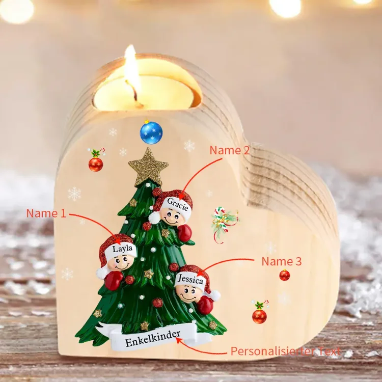 Herzform Kerzenhalter Personalisierte 3 Namen & Text Weihnachtsbaum & 3 Kinder Kerzenhalter