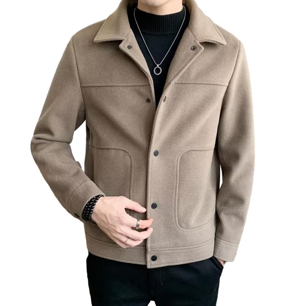 Geswet Men Jacket Turn-down Collar Single-breasted Thick Cardigan Long Sleeve Loose Warm Pockets Anti-pilling Men Fall Winter Coat