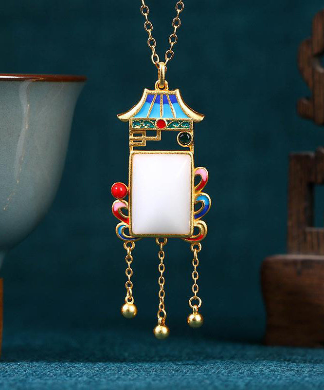 VCSHOES Blue Copper Overgild Jade Agate Pagoda Tassel Pendant Necklace