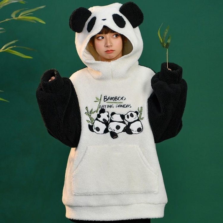 Cartoon Panda Letter Embroidery Hoodie