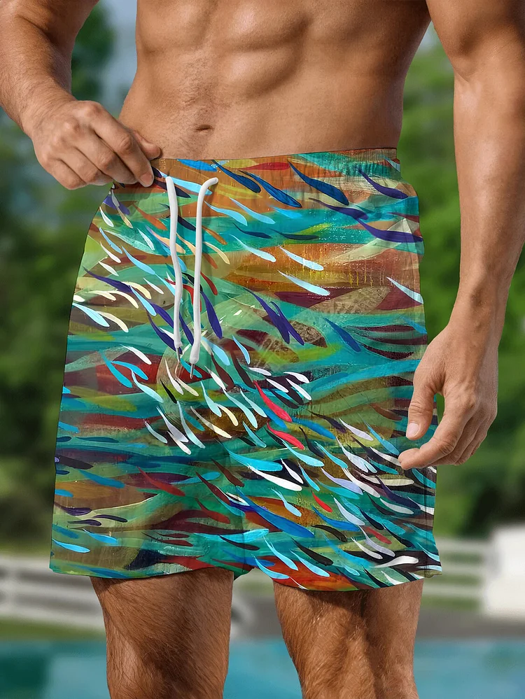 Men's Multicolor Shoal Of Fish Art Print Vacation Shorts