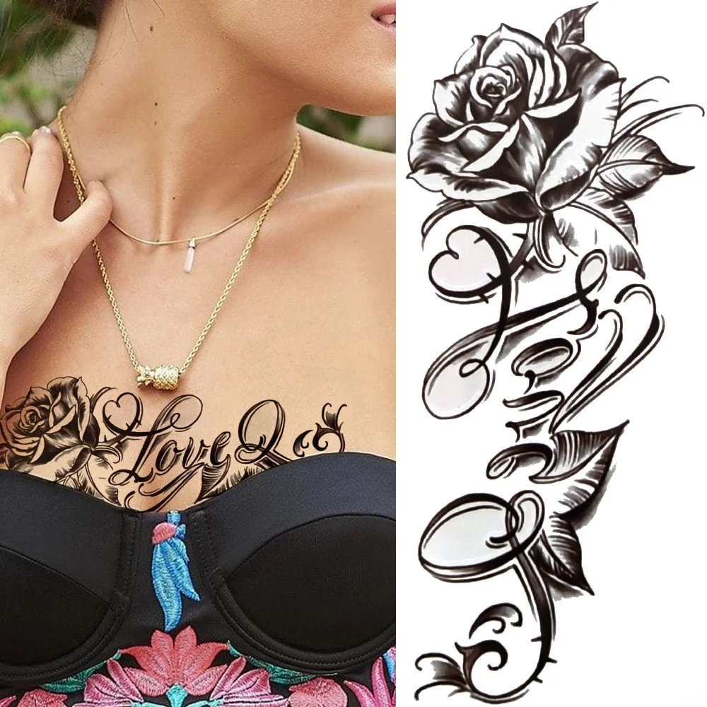 Dragon with Red Rose Tattoo Sticker Realistic Fox Snake Sword Geometric Temporary Tattoo For Women Fake Chains Black Tatoo 515-1