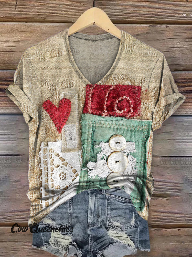 Women&rsquo;s Vintage Heart Art Print V-neck Casual T-Shirt Multicolor / S
