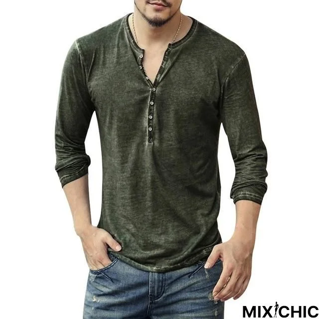 Men Shirt V-Neck Long Sleeve Tee Tops Stylish Slim T-Shirt Button Casual Male Clothing Plus Size