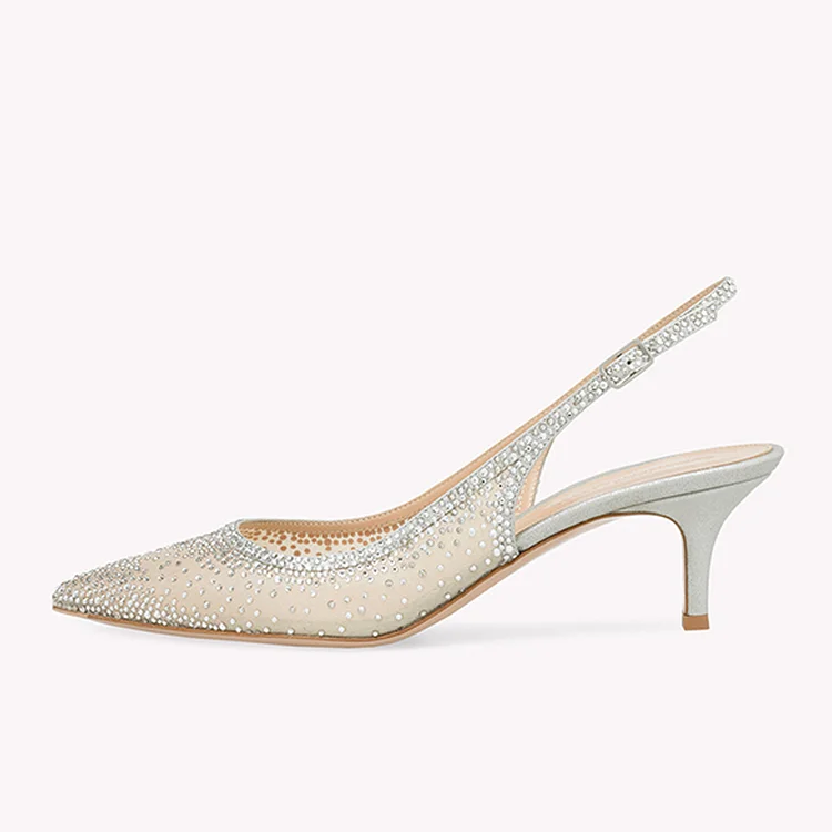 Ivory Pointed Slingback Pumps Elegant Rhinestones Kitten Heel Wedding Transparent Shoes |FSJ Shoes