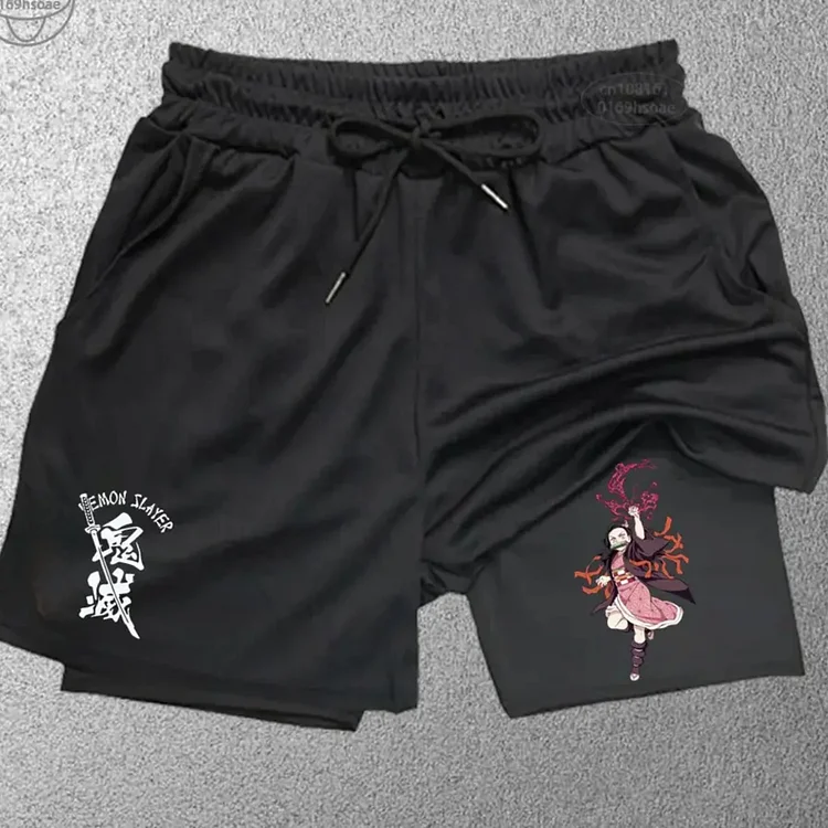鬼灭之刃动漫印花男士短裤双层运动健身百搭跨境电商休闲中裤批发