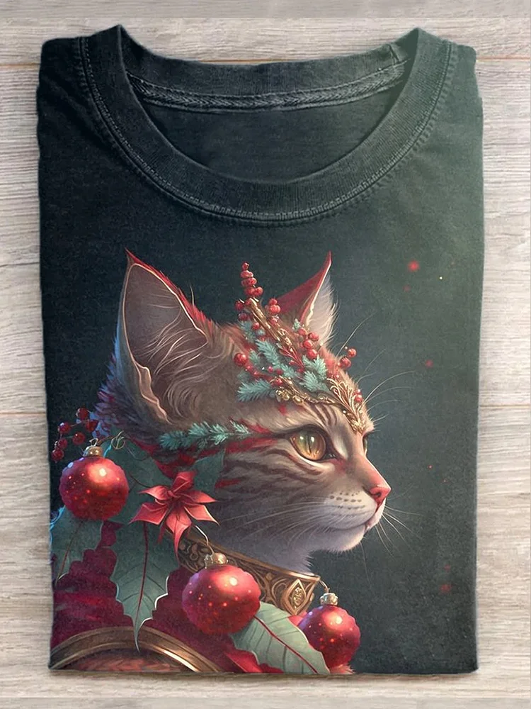 Unisex Cute Cat Christmas Print Casual Short Sleeve T-Shirt