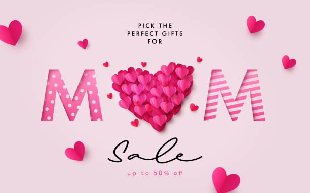 Mothers Day Sale banner. Holiday background with big heart made of pink and red Origami Hearts on soft pink background with paper cut Mom text. Mothers Day Sale banner. Holiday background with big heart made of pink and red Origami Hearts on soft pink background with paper cut Mom text. Modern design template for fashion ads, poster, flyer, card, website page mothers day sale stock illustrations