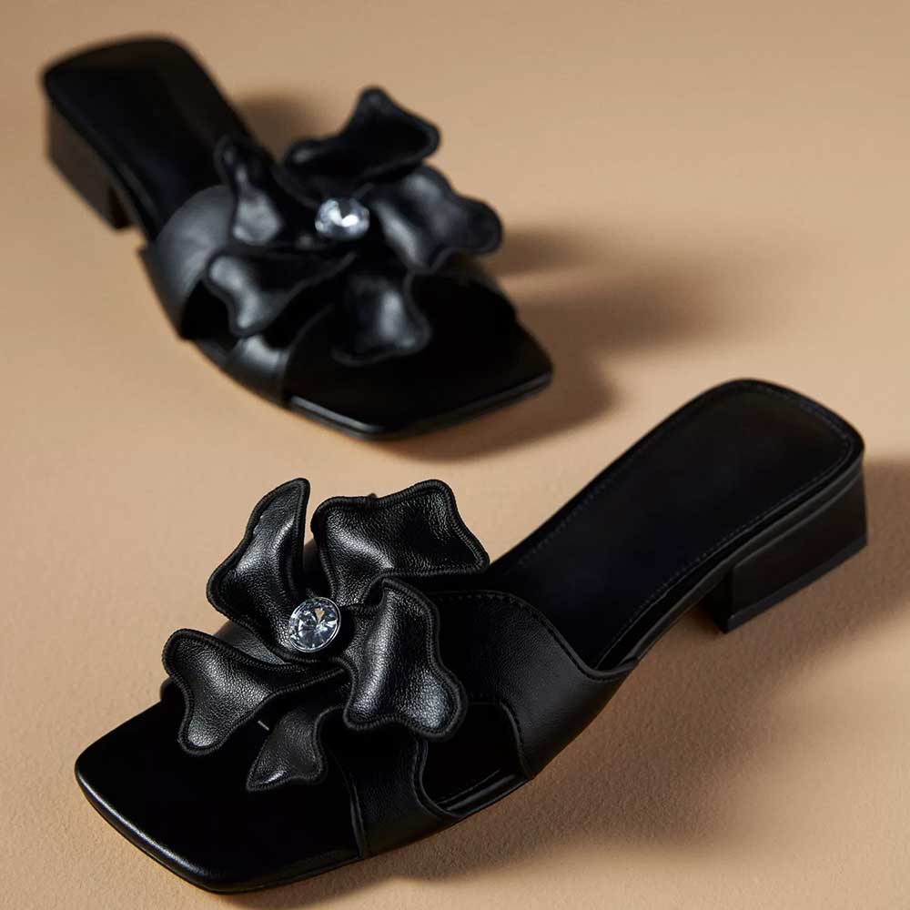 Black Vegan Leather Square Toe Chunky Heel Floral Inlay Slippers Nicepairs