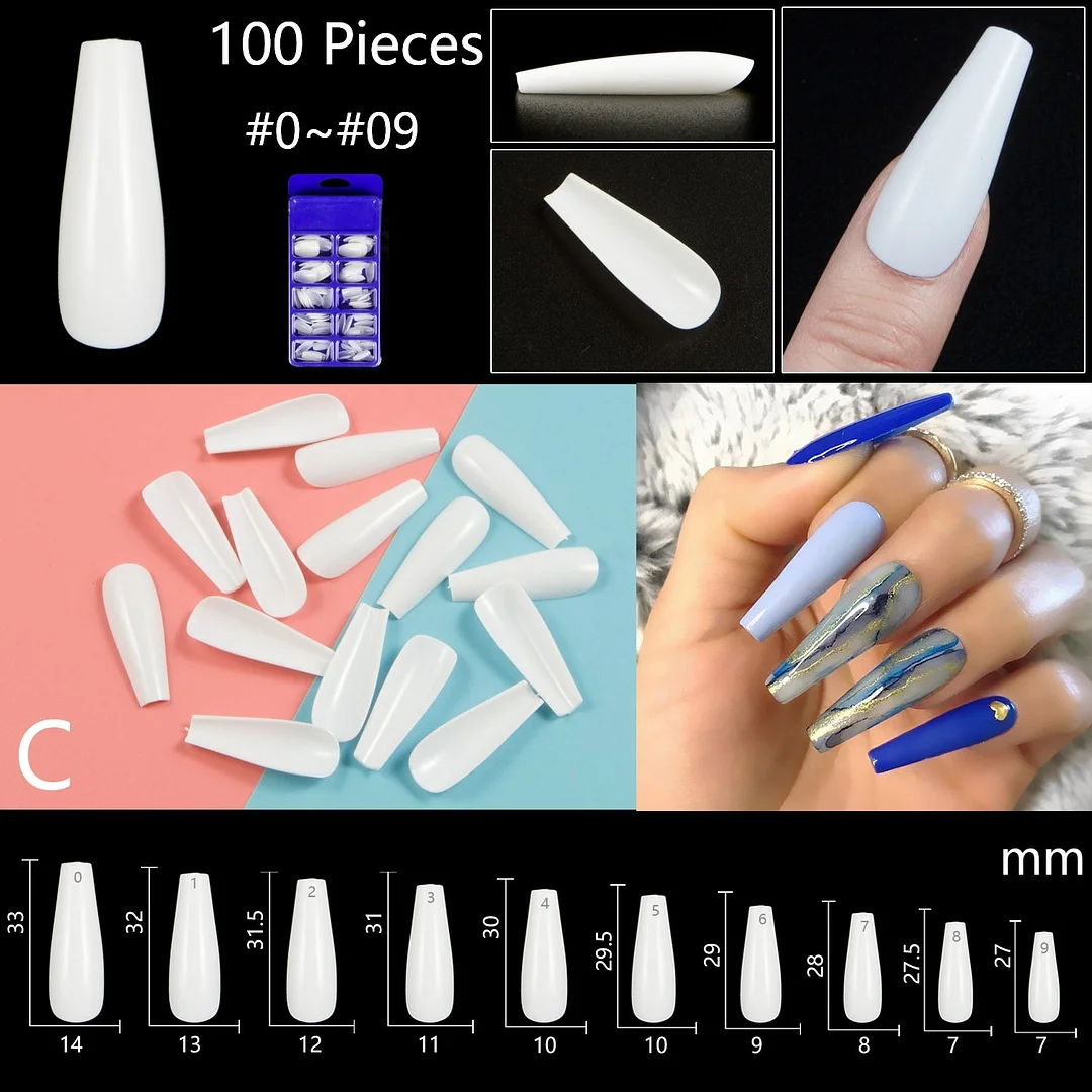 100pcs/set 10 Sizes Full Cover False Nail Tips Ballerina Coffin Fake Nails Square Stiletto French Acrylic Press On Nails-Nail Inspo