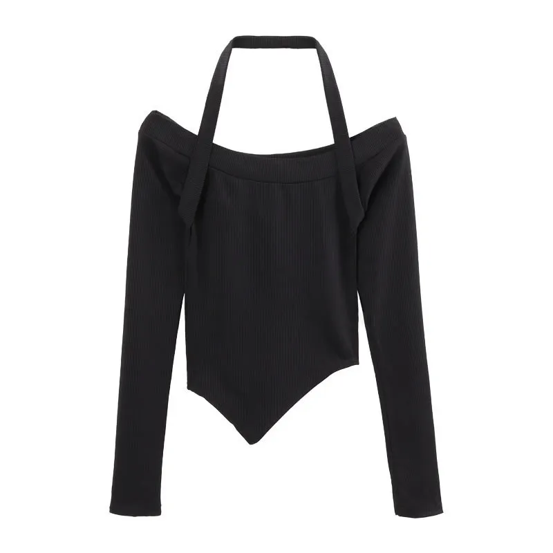 Brownm Brownm Shoulder Hanging Neck Long-Sleeved T-Shirt Female 2024 New Hot Girl With A Short Bottom Shirt Student Top