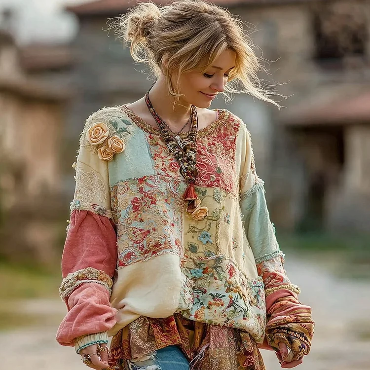 Women's Retro Floral Pattern Comfortable Warm Crew Neck Sweatshirt