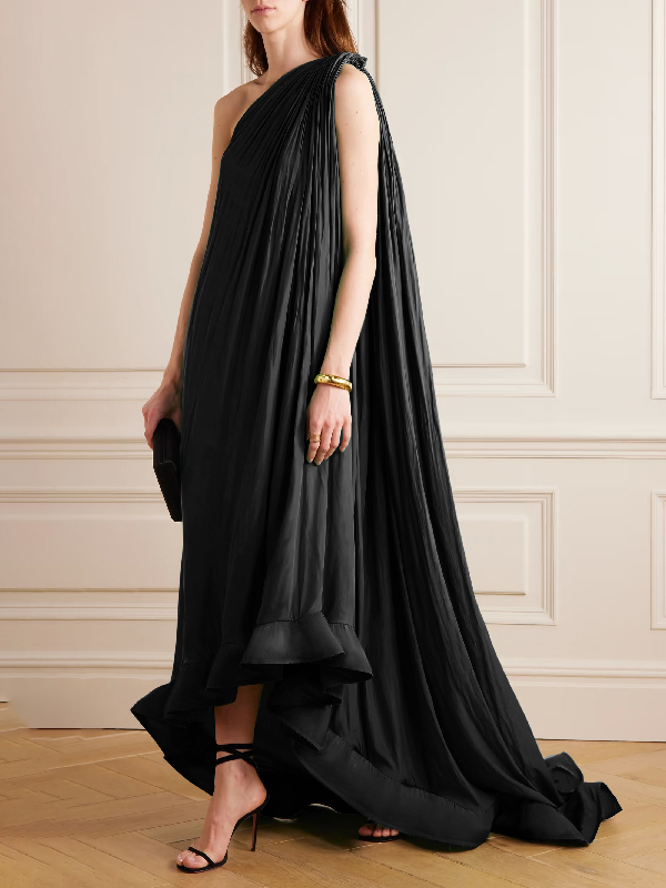 Banquet Sleeveless Loose Pleated Falbala Solid Color One-Shoulder Maxi ...