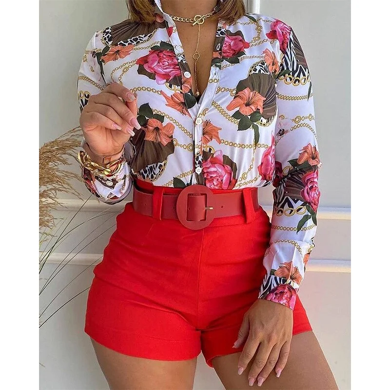 CM.YAYA Beach Holiday Women's Tracksuit Floral Leaf Long Sleeve Shirt and Shorts Matching Two 2 Piece Set Outftis Sweatsuit