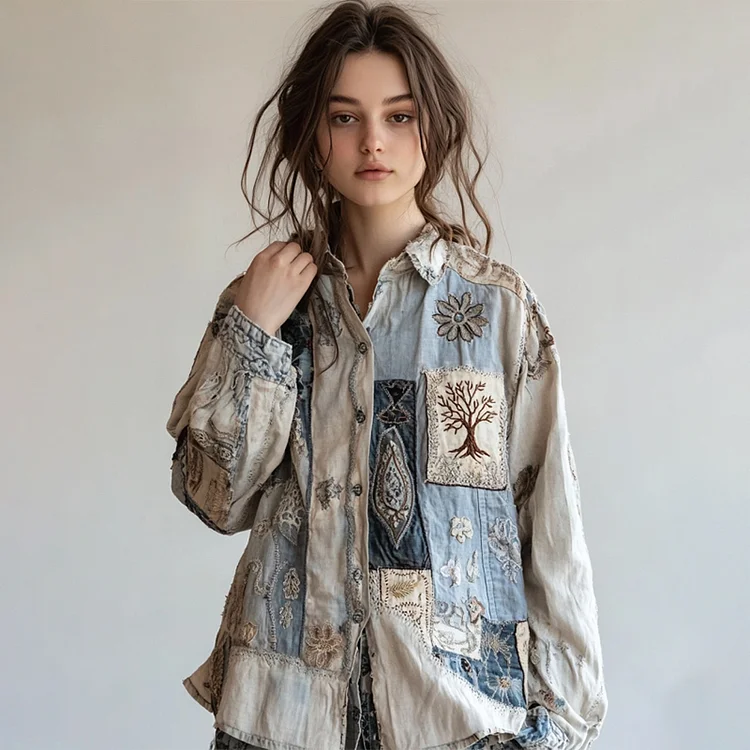 Vintage Floral Patch Art Cotton Linen Comfy Shirt
