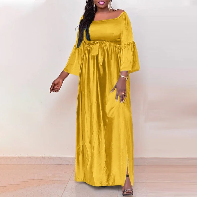 Women Off Shoulder Dress 2022 VONDA Vintage Tunic Long Maxi Dress Summer Beach Sundress Casual Side Slit Vestido Robe Femme