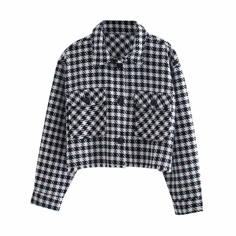PUWD Vintage Woman Loose Houndstooth Short Coats Spring Autumn Fashion Ladies Soft Plaid Outerwear Female Chic Oversized Jackets