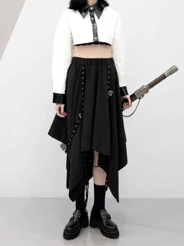 Punk Irregularity Tasseled Rivet Solid Chiffon Skirt
