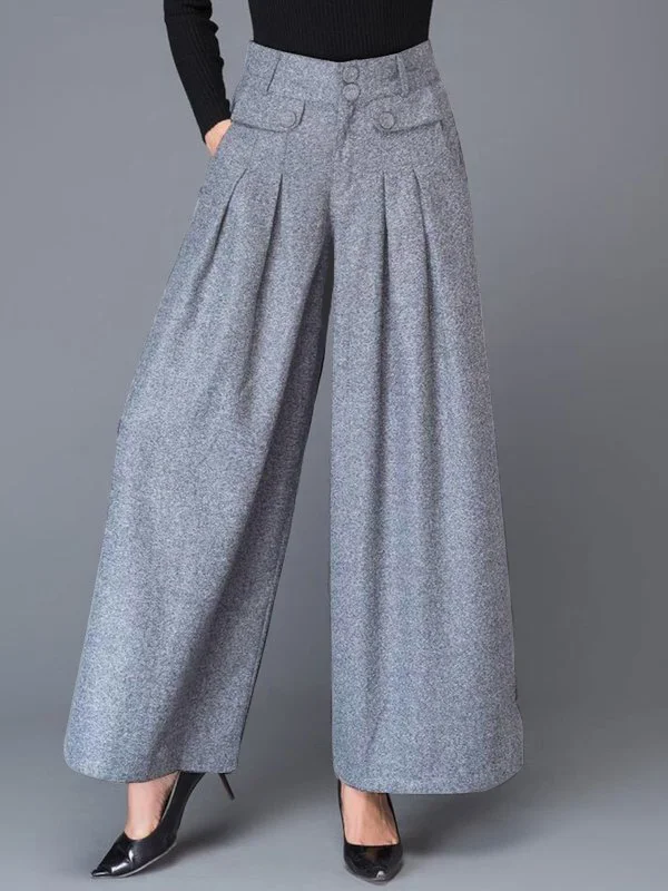 Loose Wide Leg Buttoned No Belt Pleated Pockets Solid Color Split-Joint Pants Trousers