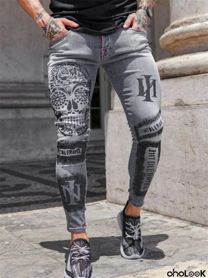 Male Stylish Slim-fit Gray Skull Letter Printed Jeans