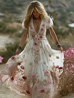 Women's Vintage Rose Embroidery Art V-neck Short Sleeve Maxi Dress