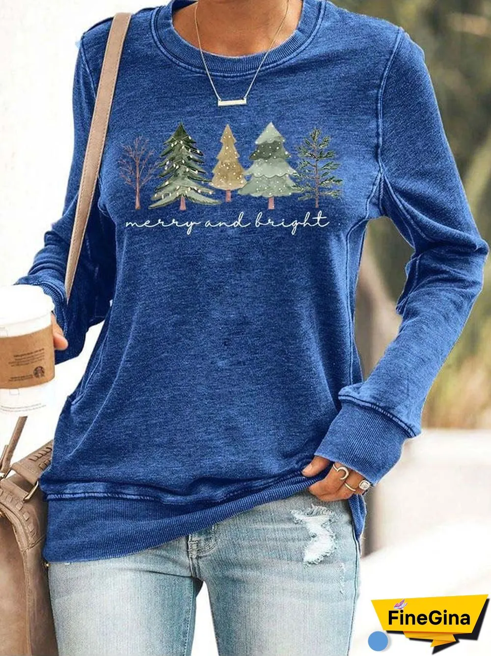 Women's Casual Merry And Bright Printed Long Sleeve Sweatshirt