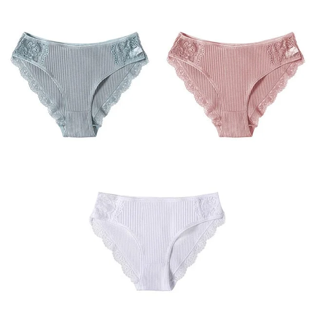 3PCS/Set Cotton Underwear Women's Panties Comfort Underpants  Floral Lace Briefs For Woman Sexy Low-Rise Pantys Intimates M L XL