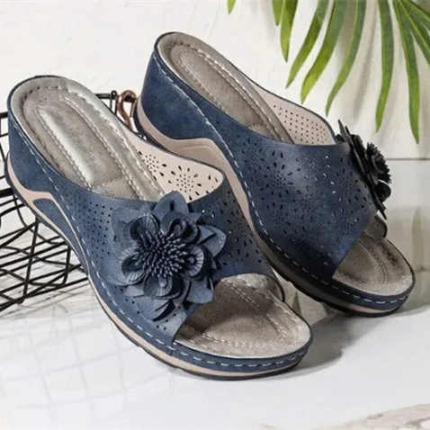 Women plus size clothing 3D Floral Cutout Upper Vintage Bohemian Wedge Slippers-Nordswear