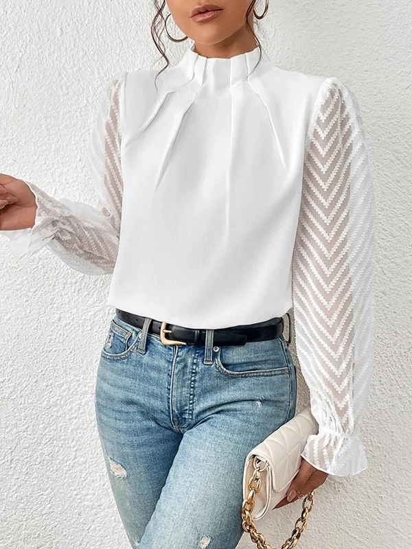 Long Sleeves Loose Elasticity Mesh Pleated Solid Color Mock Neck Blouses&Shirts Tops