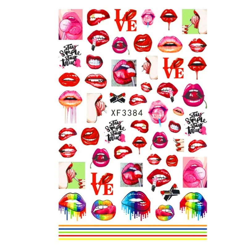 Red Lips Nail Art Stickers Nails Decals Hot Sexy Girl Tip Water Sliders Black Letters Heart Self Adhesive Tattoo Nail Decoration-Nail Inspo