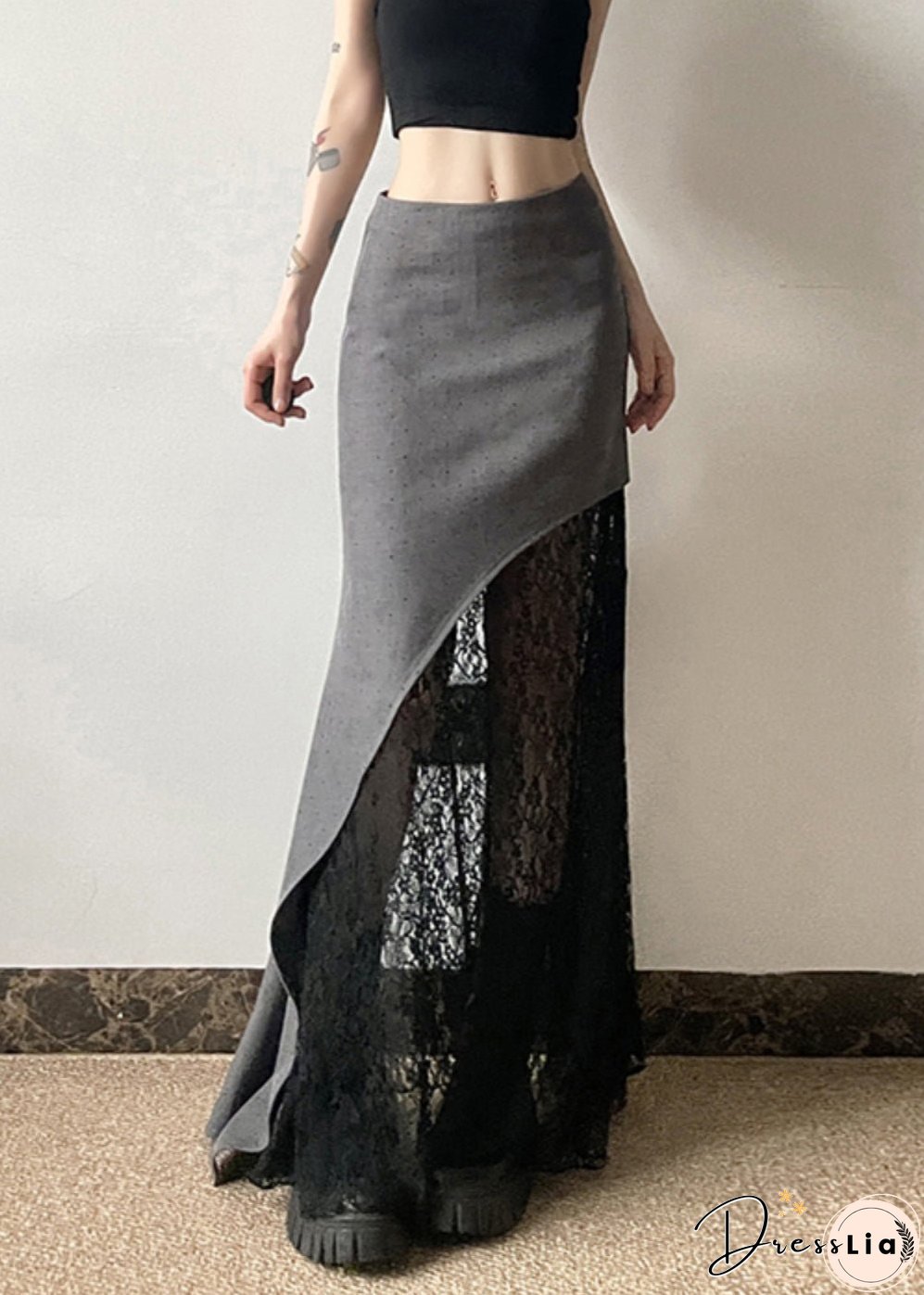 Style Grey Asymmetrical Lace Cotton Two Piece Set Outfits Summer