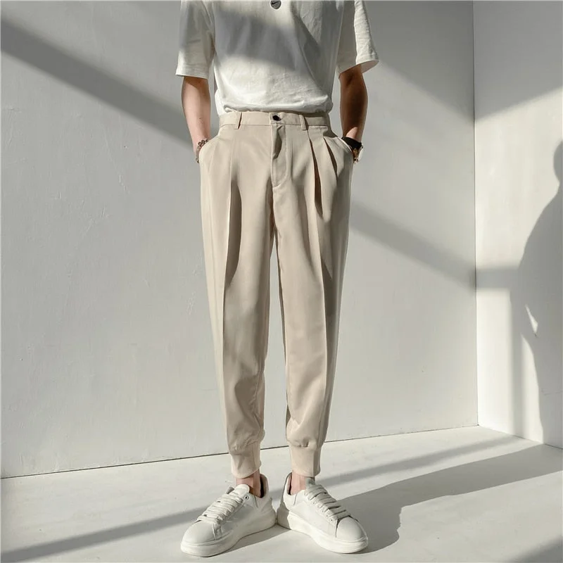Woherb 2021 New Summer Men's White Suit Pants Korean Stylish Trousers Male Elastic Waist Solid Tapered Ankle Length Casual Pants Man