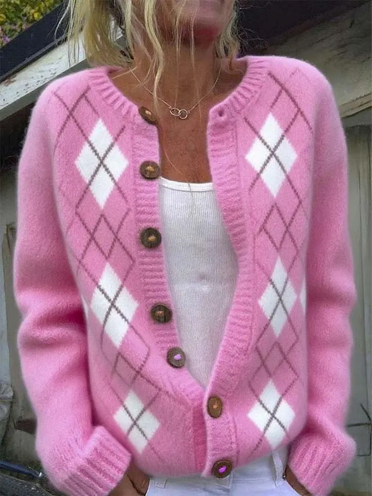 Women's Pink Plaid Pattern Art Print Buttoned Cardigan Sweater