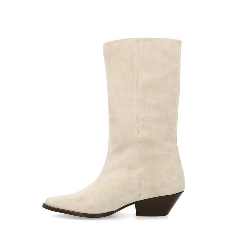Fashion Beige Pointed Toe Chunky Heel Fringe Cowboy Boots for Women