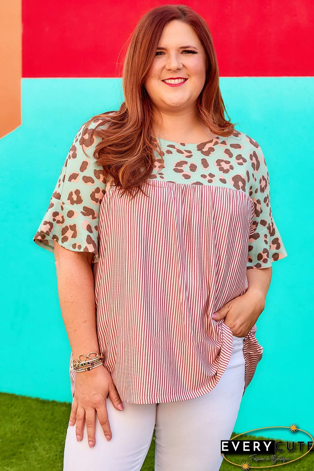 Leopard Striped Print Plus Size Top