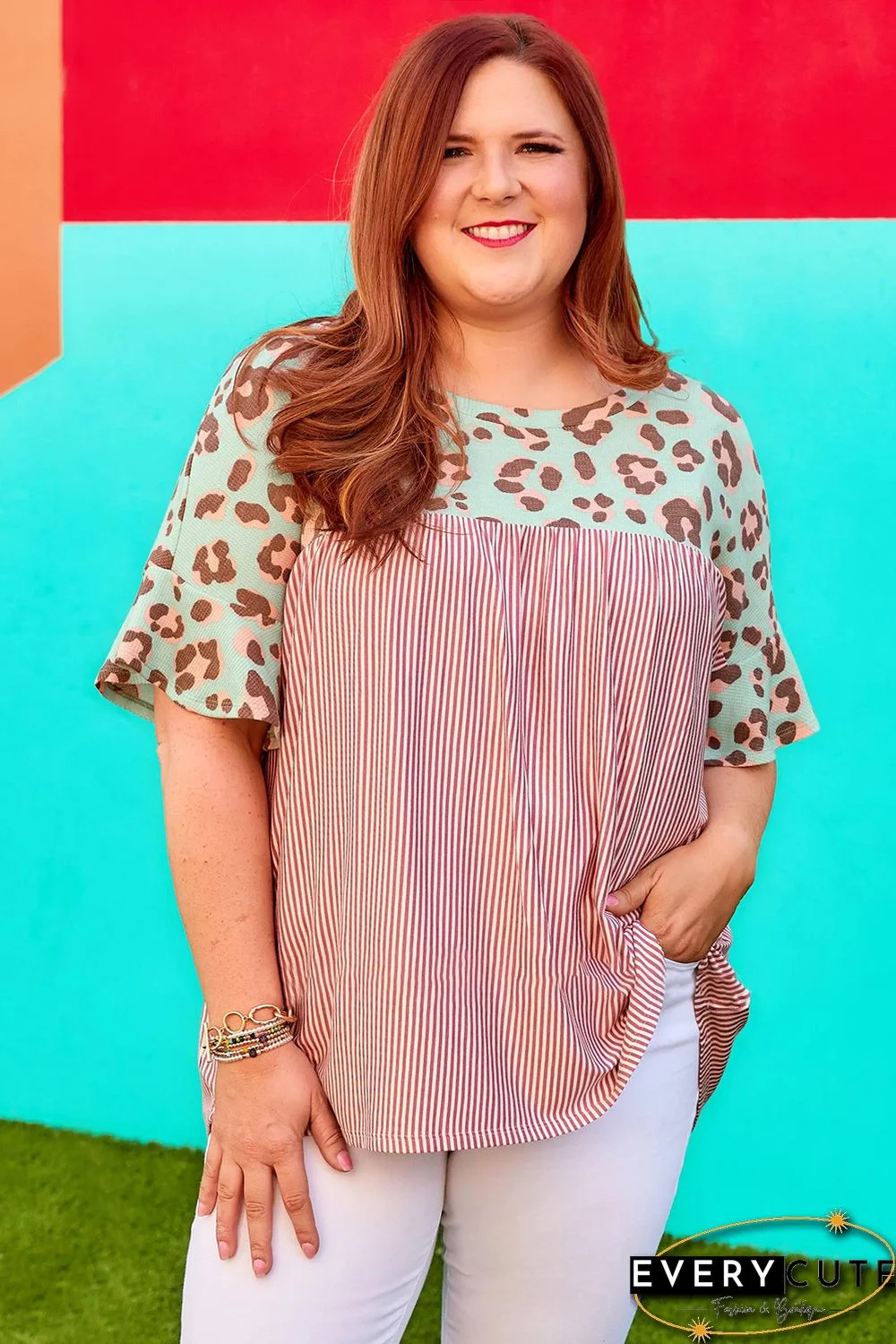 Leopard Striped Print Plus Size Top