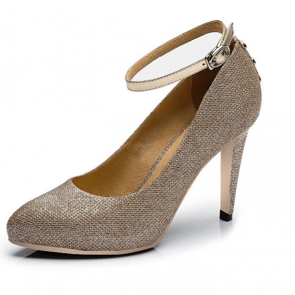 Champagne Glitter Shoes Sutds Ankle Strap Pumps for Women |FSJ Shoes
