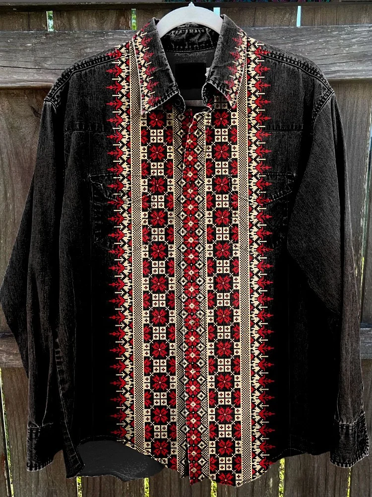 Men's Black Bohemian Style Vintage Stripe Print Casual Shirt