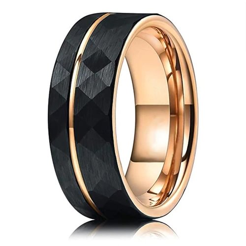 Women's or Men's Tungsten Carbide Wedding Band Rings,Hammered Brushed Black Tungsten Carbide Ring With Rose Gold Interior And Stripe Design With Mens And Womens For Width 4MM 6MM 8MM 10MM