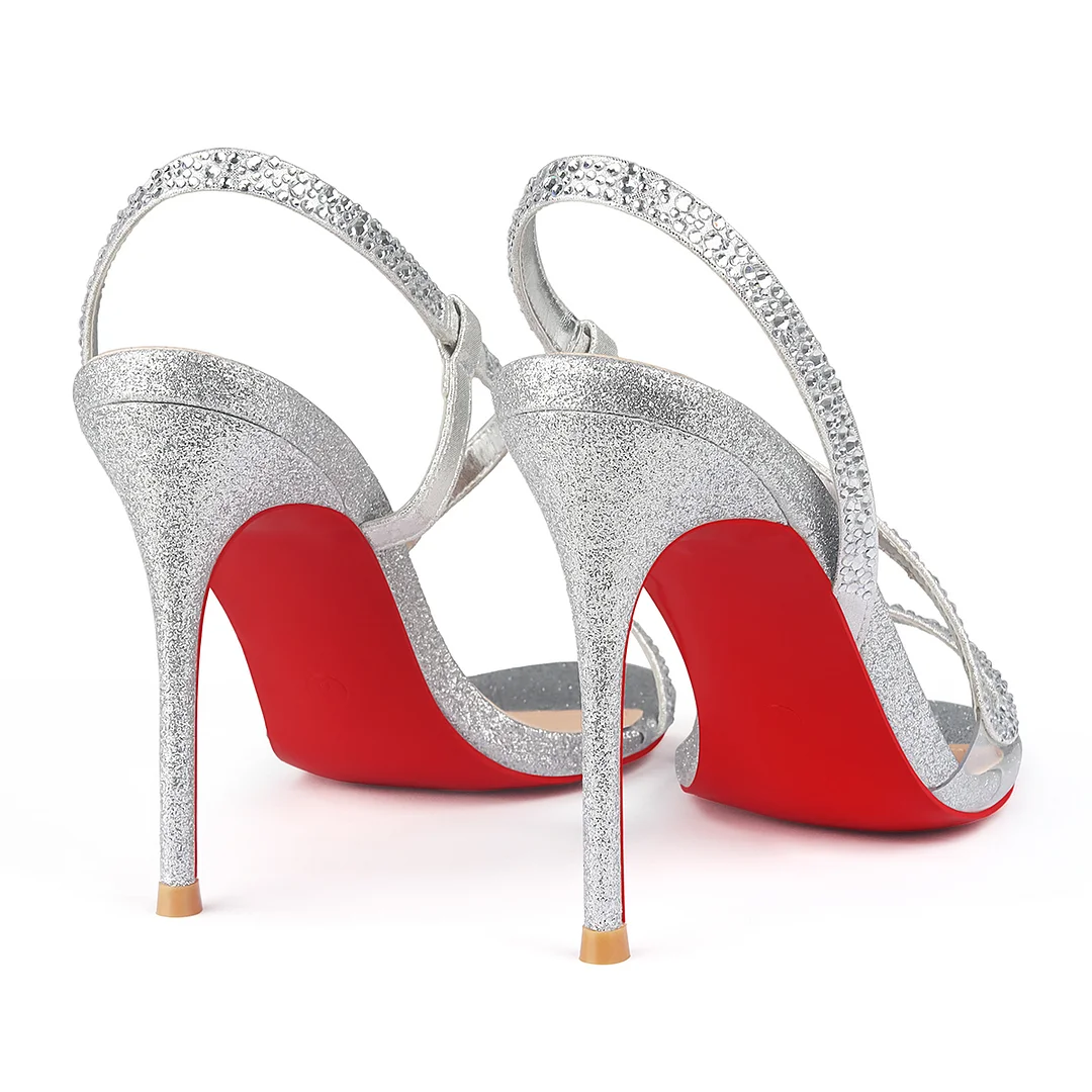 100mm Women's  Red Bottom  Sandals Stiletto Spotlight Wavy Straps High Heels Ankle Strap Studs Shoes-MERUMOTE
