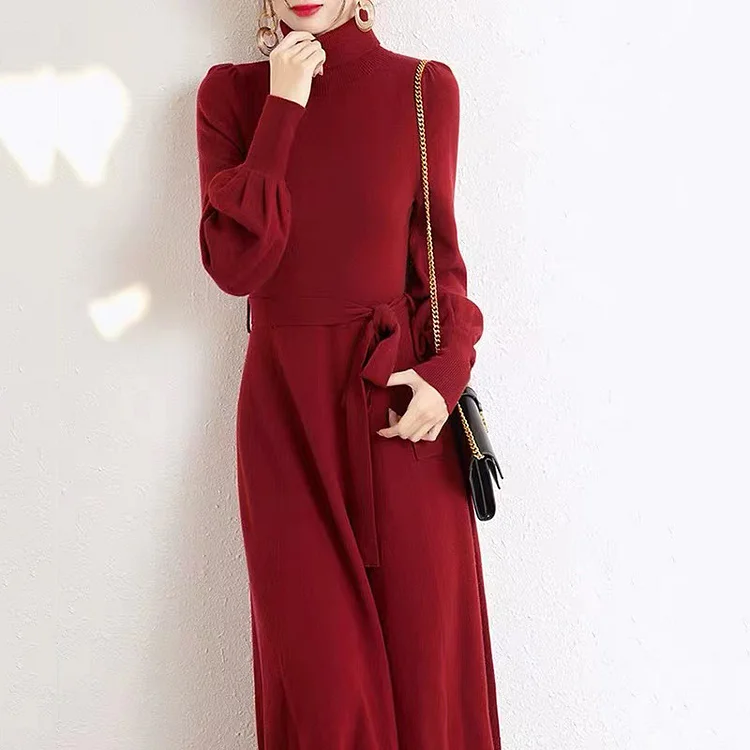 Elegant Long Sleeve Turtleneck Slim Fit A-Line Casual Solid Color Sweater Dress