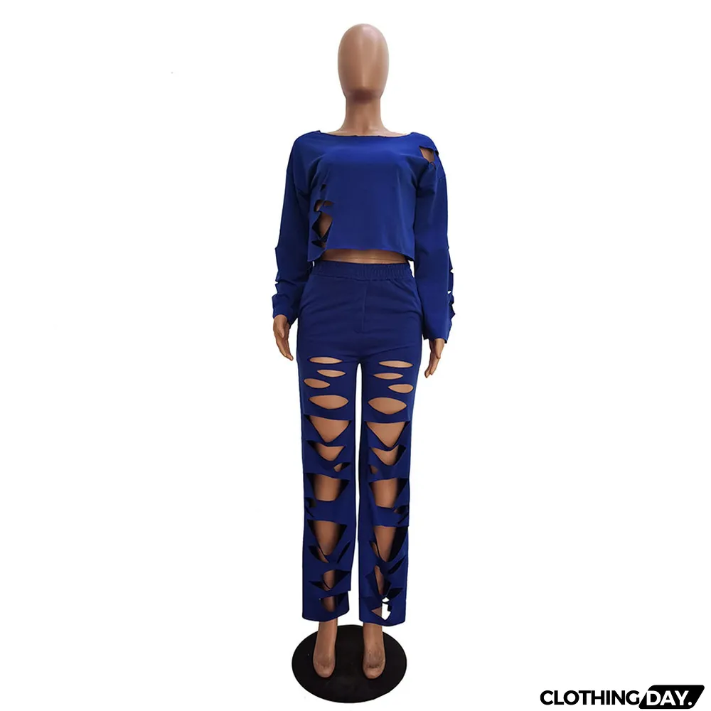 Casual Solid Color Ripped Flared Pants Suit