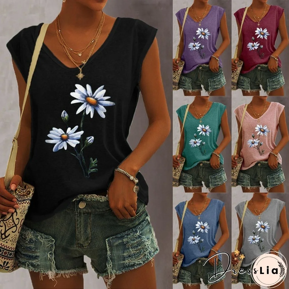 XS-5XL Plus Size Fashion Women Summer Tops Floral Printed Casual Tank Tops Loose Sleeveless V-neck Vest