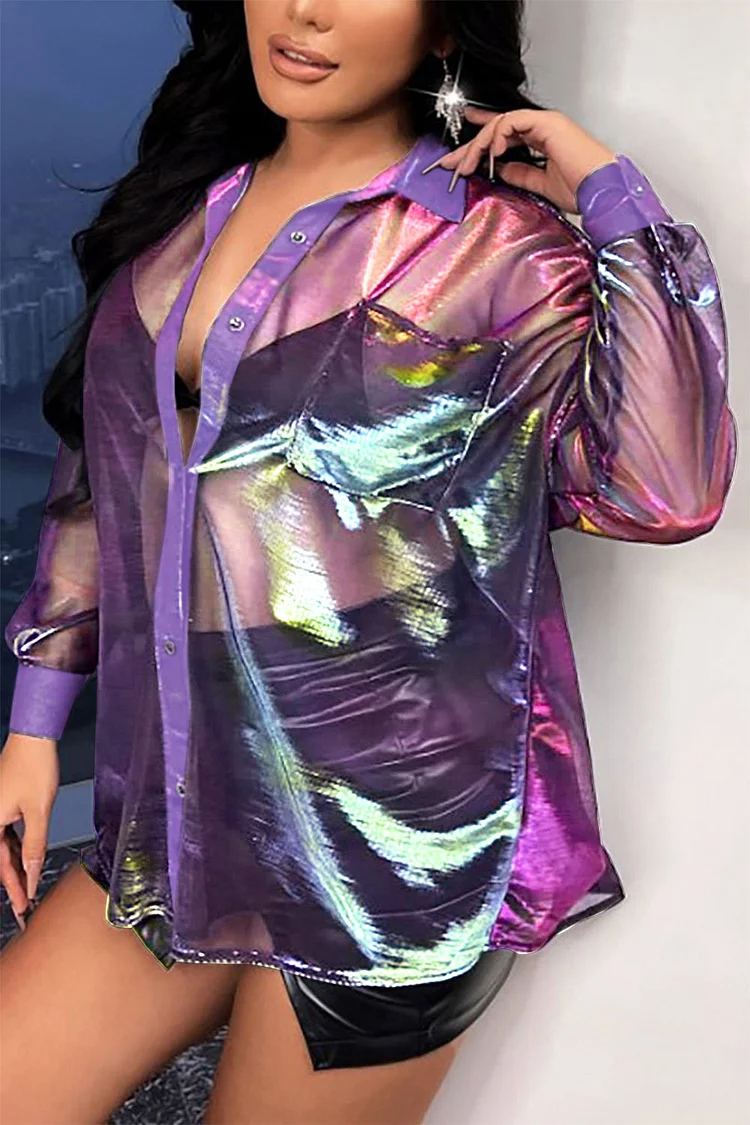 Plus Size Purple Party Laser See-through Button Pocket Long Sleeve Shirts 