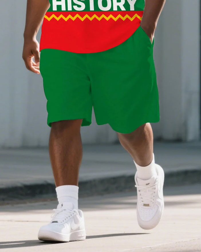 Big Men's Stripe Splicing Style BLACK HISTORY Juneteenth Theme Short Sleeve Polo Shirt Shorts Suit