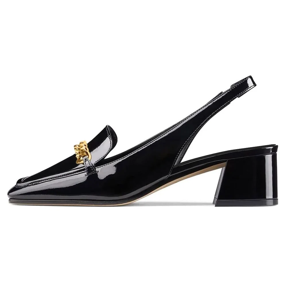 YDN Black Sqaure Toe Loafer Style Block Heel Pumps with Chain