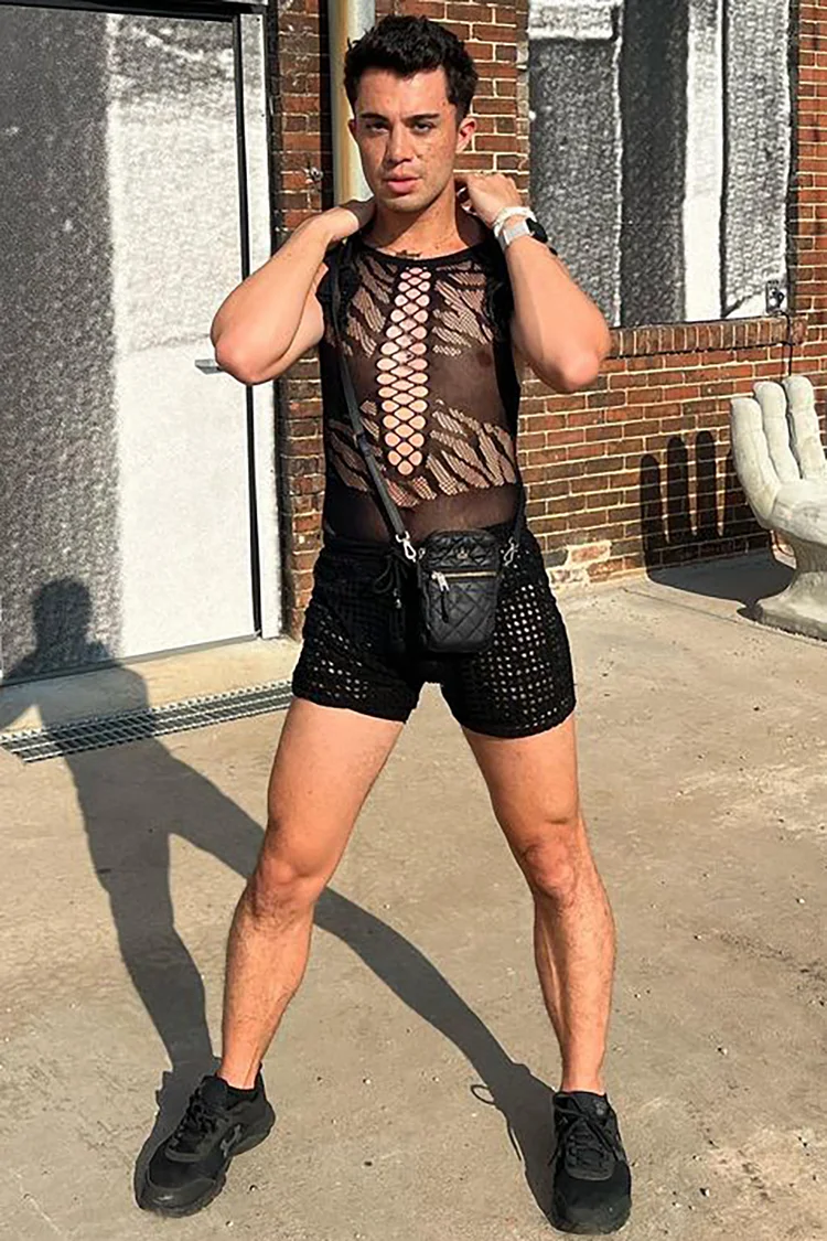 Unisex Black Mesh See Through Sleeveless Rave Romper Suits