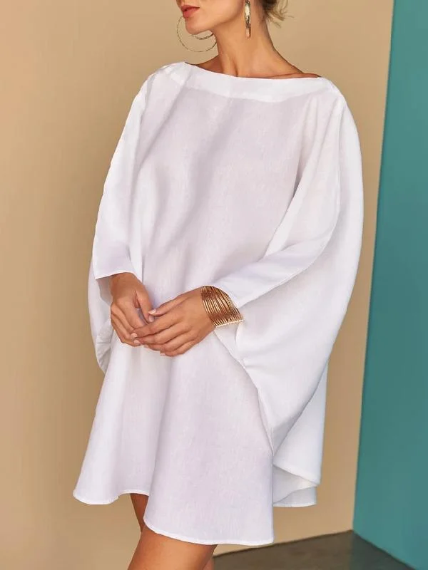 Roomy White Reversible Batwing Sleeves Mini Dress