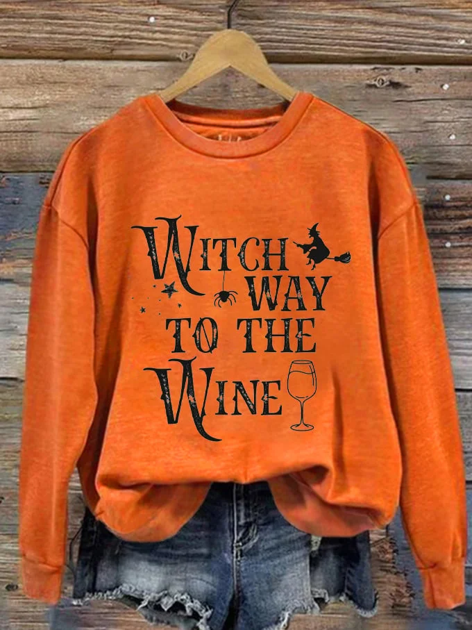Women's Halloween Witch Way To The Wine Print Sweatshirt socialshop