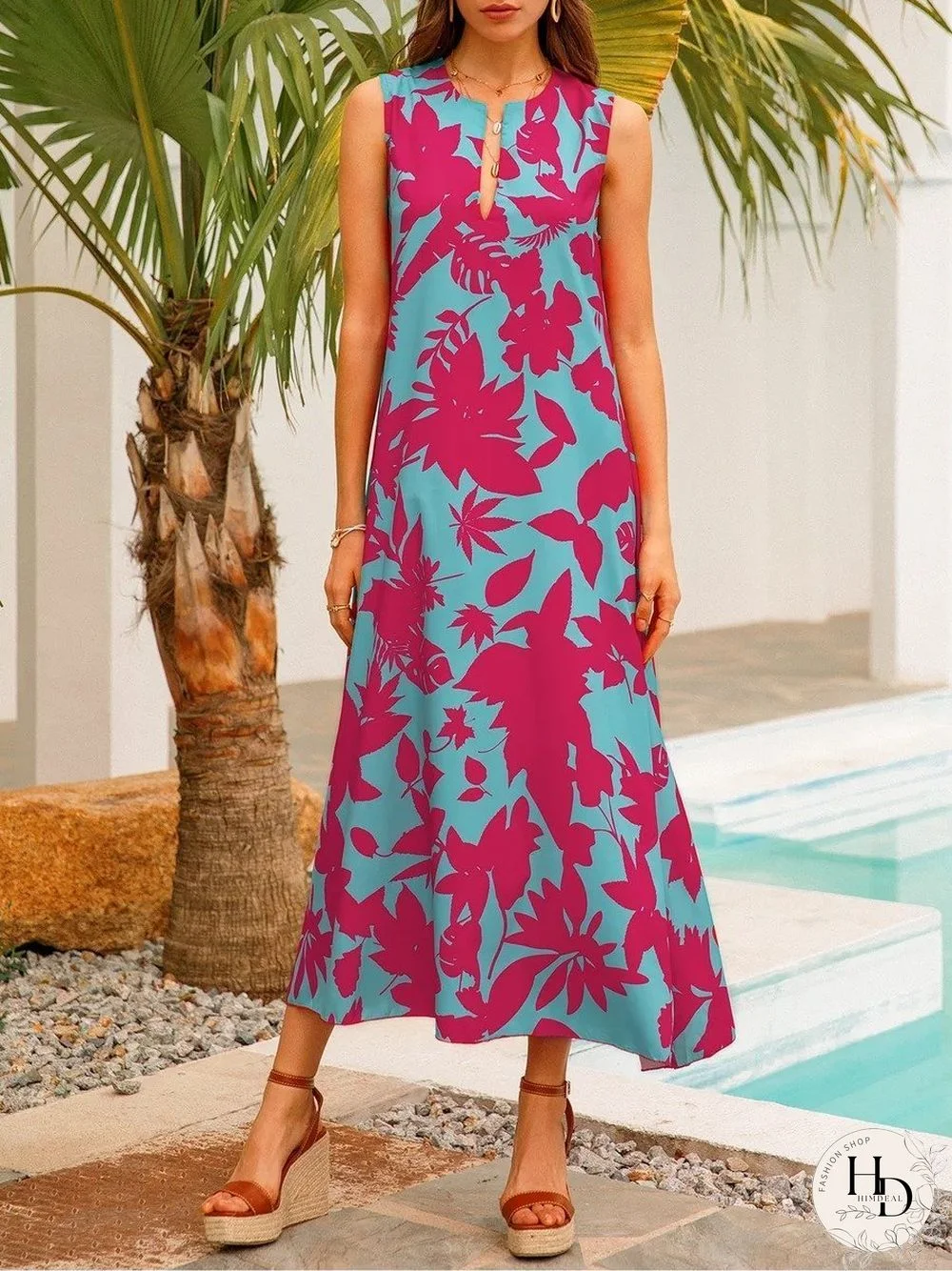 Pink Flower Printed Women Blue Sleeveless Dress